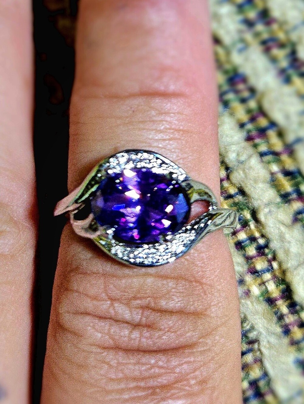 18k White Gold Filled Deep Amethyst-Tone Oval Swirl Bypass Ring